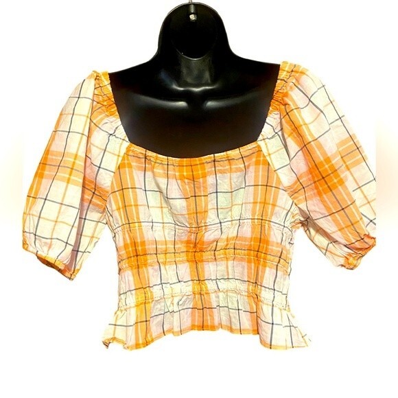 NWT Abound Adley orange & white plaid Juniors Puff Sleeve Crop Top Medium - Picture 6 of 8